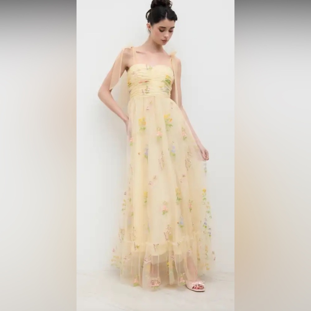 Cider Mesh Square Neck Embroidered Butterfly Yellow Dress Women’s Medium